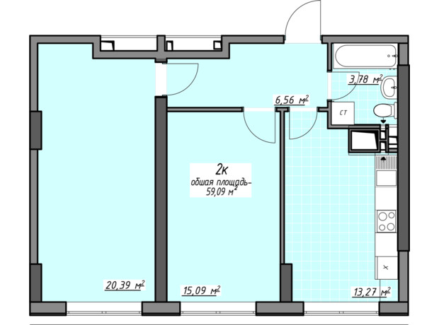 ЖК Одеські традиції на Глушко: планування 2-кімнатної квартири 59.09 м²