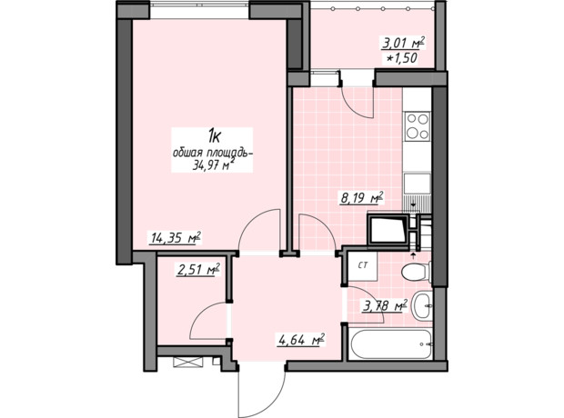 ЖК Одеські традиції на Глушко: планування 1-кімнатної квартири 34.97 м²