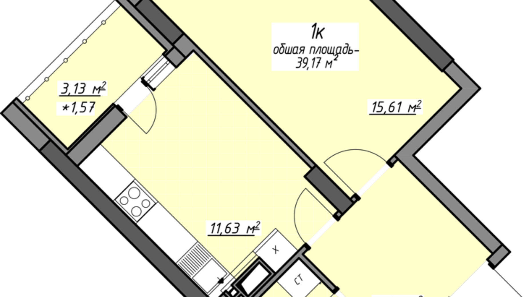 Планировка 1-комнатной квартиры в ЖК Одесские традиции на Глушко 39.08 м², фото 580988