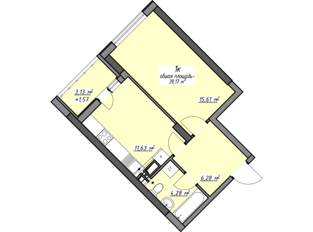 ЖК Одесские традиции на Глушко: планировка 1-комнатной квартиры 39.08 м²