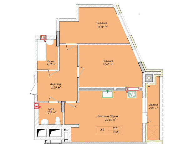 ЖК Сад на Круглій: планування 3-кімнатної квартири 78.8 м²