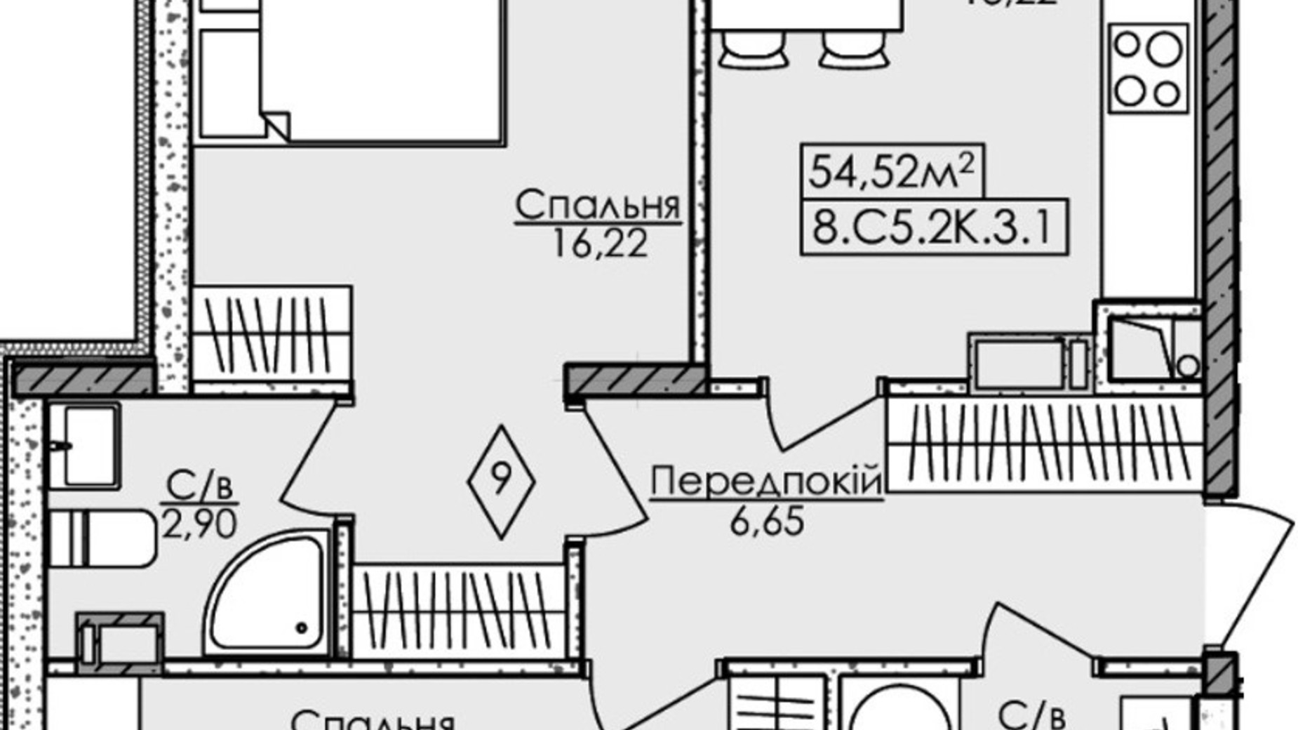 Планировка 2-комнатной квартиры в ЖК Новая Буча 54.52 м², фото 582219