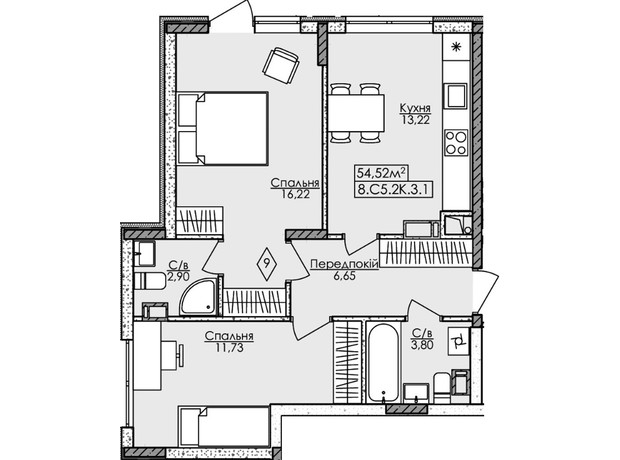 ЖК Новая Буча: планировка 2-комнатной квартиры 54.52 м²