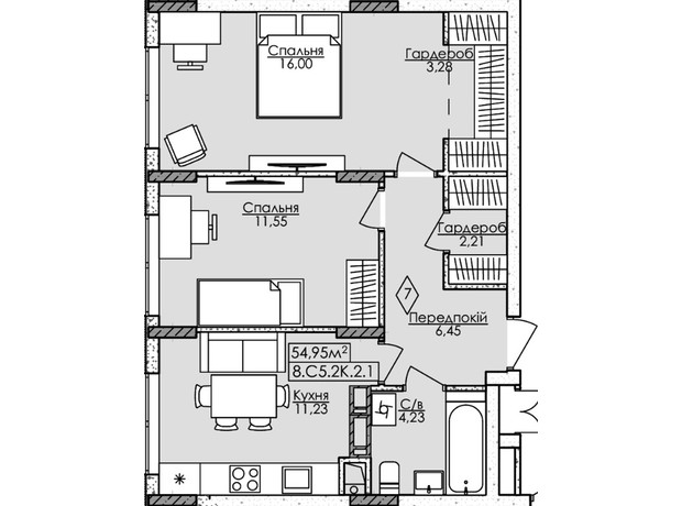 ЖК Нова Буча: планування 2-кімнатної квартири 54.95 м²