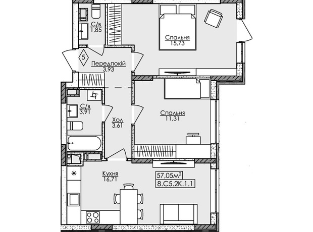 ЖК Новая Буча: планировка 2-комнатной квартиры 57.05 м²