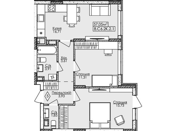 ЖК Новая Буча: планировка 2-комнатной квартиры 57.05 м²