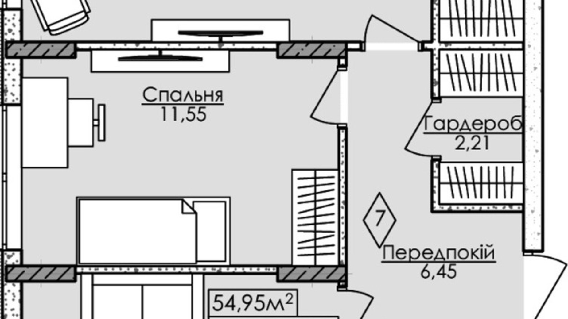 Планировка 2-комнатной квартиры в ЖК Новая Буча 54.95 м², фото 582225