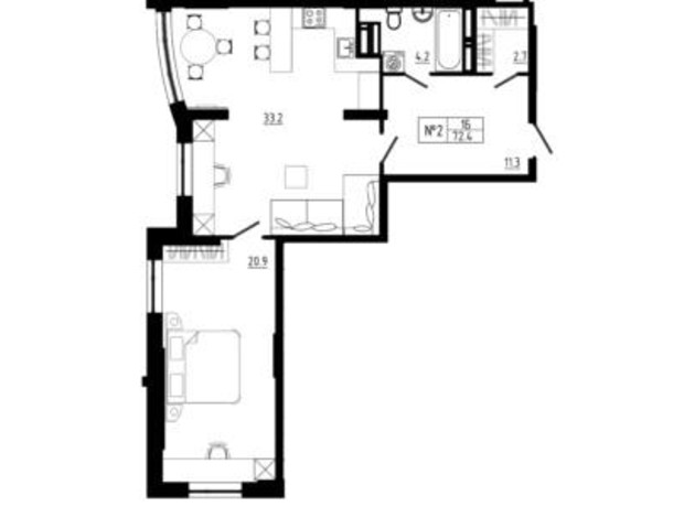 ЖК Янтарний: планування 1-кімнатної квартири 72.4 м²