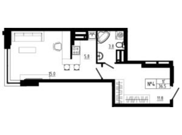 ЖК Янтарный: планировка 1-комнатной квартиры 36.5 м²