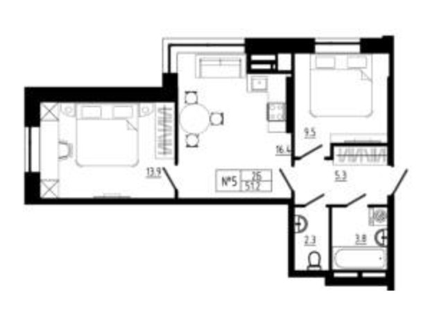 ЖК Янтарный: планировка 2-комнатной квартиры 51.2 м²