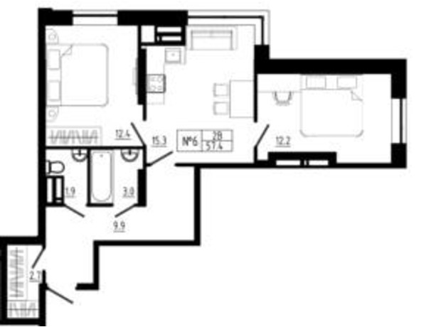 ЖК Янтарный: планировка 2-комнатной квартиры 57.4 м²