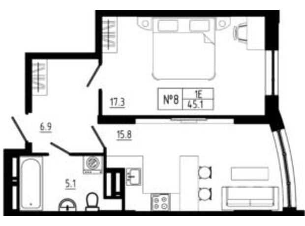 ЖК Янтарный: планировка 1-комнатной квартиры 45.1 м²