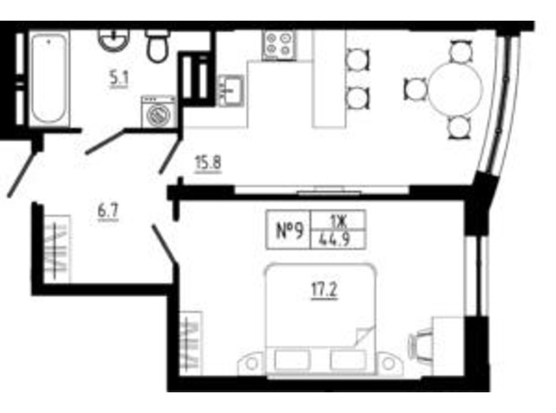 ЖК Янтарный: планировка 1-комнатной квартиры 44.9 м²