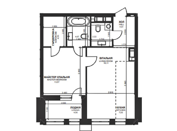 ЖК Triiinity: планировка 1-комнатной квартиры 57.59 м²