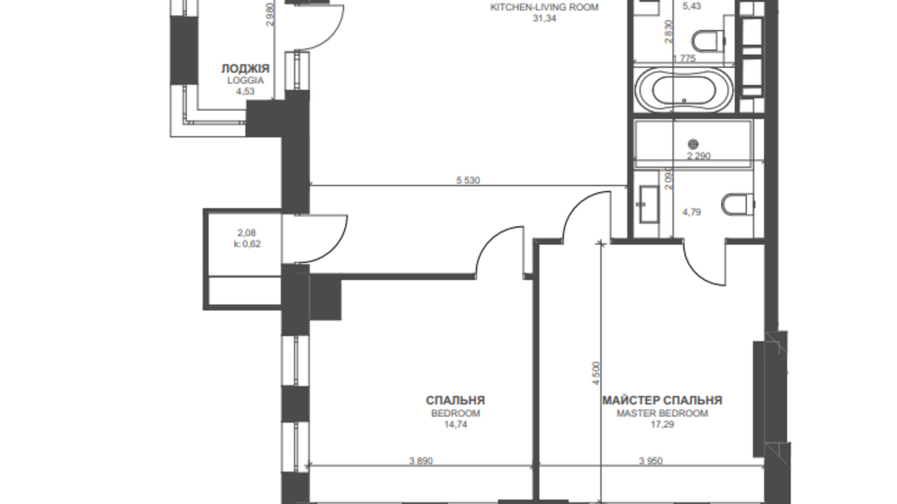 Планировка 2-комнатной квартиры в ЖК Triiinity 86.87 м², фото 582423