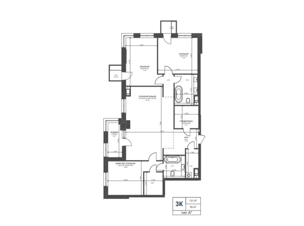 ЖК Triiinity: планировка 3-комнатной квартиры 131.47 м²