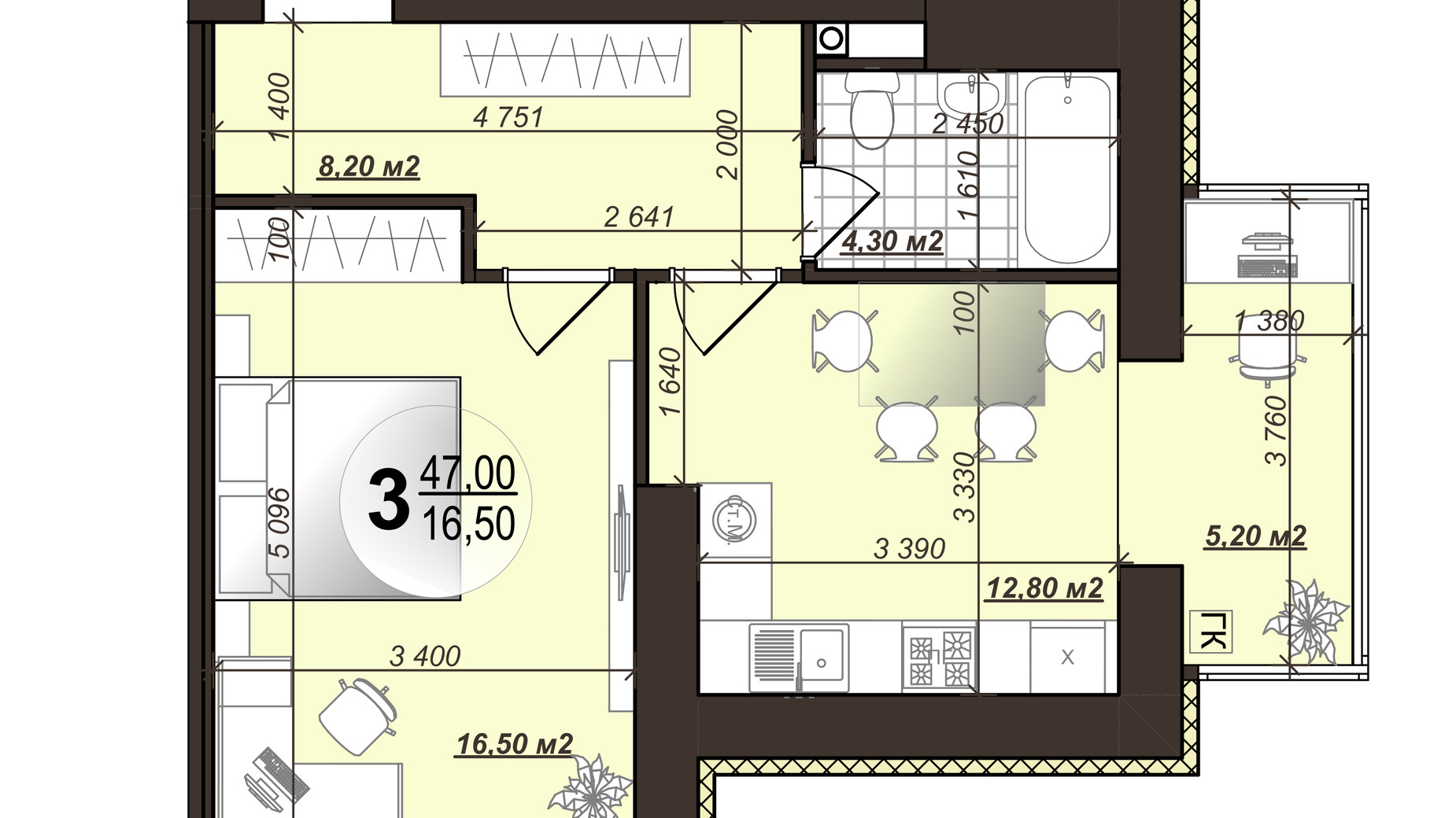 Планировка 1-комнатной квартиры в ЖК Добробуд 47 м², фото 582520