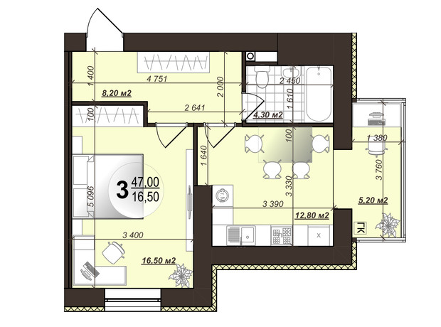 ЖК Добробуд: планування 1-кімнатної квартири 47 м²