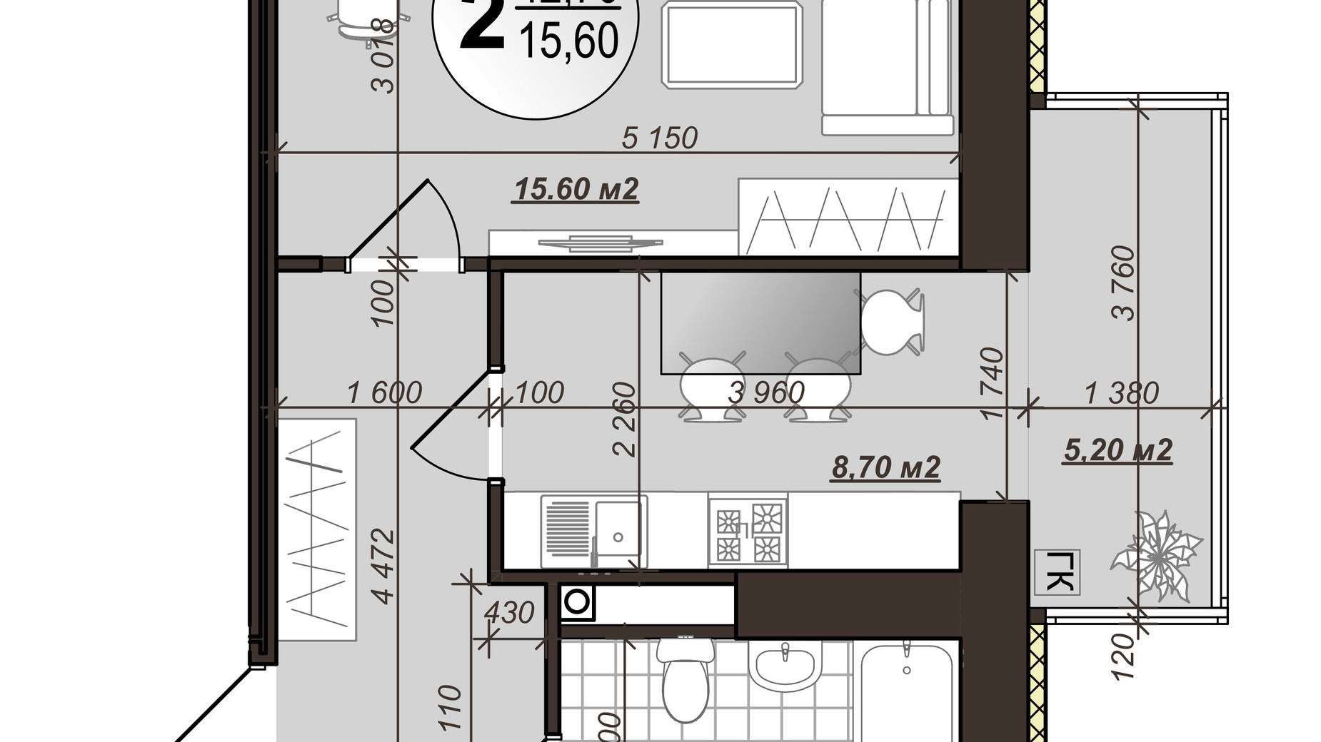 Планировка 1-комнатной квартиры в ЖК Добробуд 41 м², фото 582521