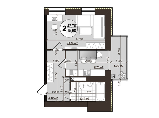 ЖК Добробуд: планировка 1-комнатной квартиры 41 м²