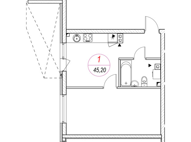 ЖК Удобный: планировка 1-комнатной квартиры 44.51 м²