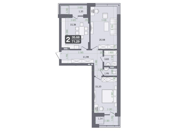 ЖК Галицкий: планировка 2-комнатной квартиры 71.29 м²