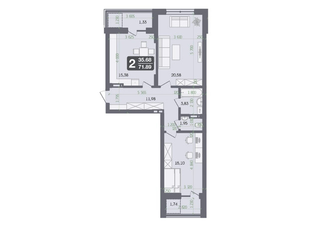 ЖК Галицкий: планировка 2-комнатной квартиры 71.89 м²