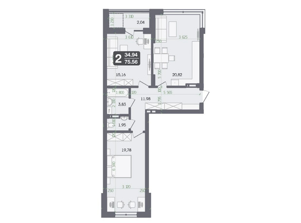 ЖК Галицкий: планировка 2-комнатной квартиры 75.56 м²