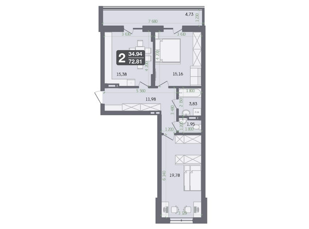ЖК Галицкий: планировка 2-комнатной квартиры 72.81 м²