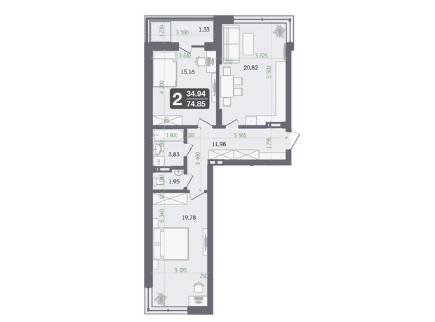 ЖК Галицький: планування 2-кімнатної квартири 74.85 м²
