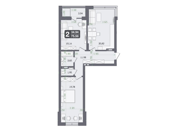 ЖК Галицкий: планировка 2-комнатной квартиры 75.56 м²