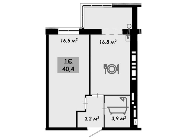 ЖК Рідний Дім: планування 1-кімнатної квартири 40.4 м²