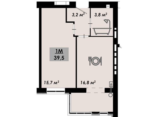 ЖК Рідний Дім: планування 1-кімнатної квартири 39.5 м²