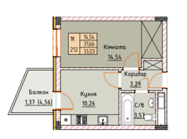 ЖК Royal Place: планировка 1-комнатной квартиры 33 м²