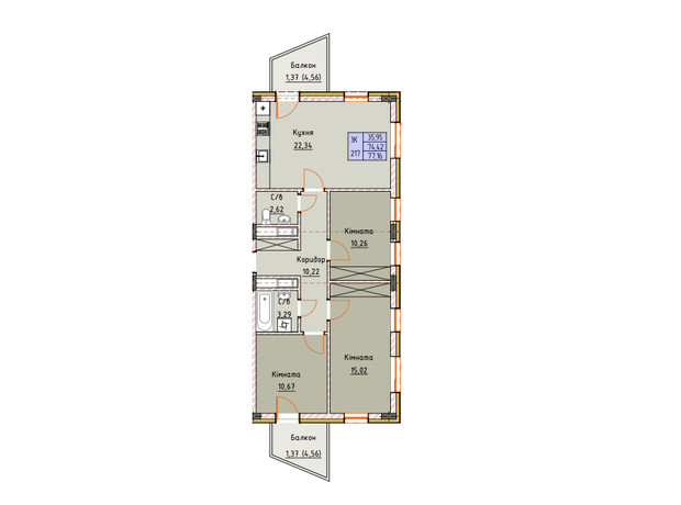 ЖК Royal Place: планировка 3-комнатной квартиры 77.6 м²