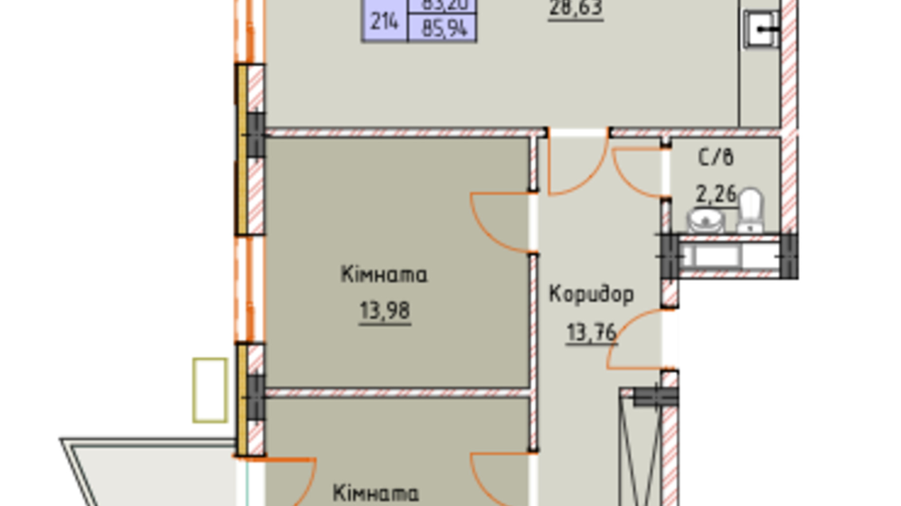 Планировка 3-комнатной квартиры в ЖК Royal Place 85.94 м², фото 583109
