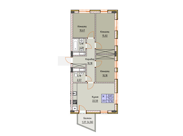 ЖК Royal Place: планировка 3-комнатной квартиры 75.78 м²