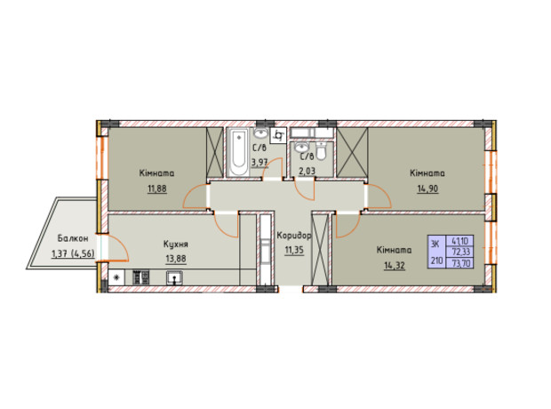 ЖК Royal Place: планировка 3-комнатной квартиры 73.7 м²