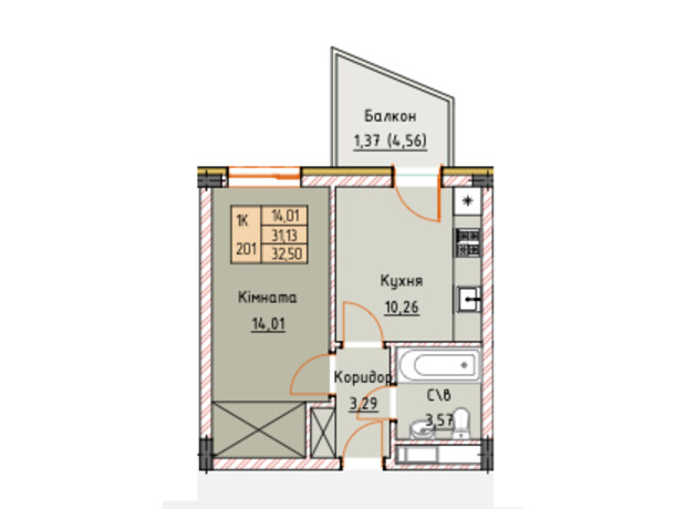 ЖК Royal Place: планировка 1-комнатной квартиры 32.5 м²