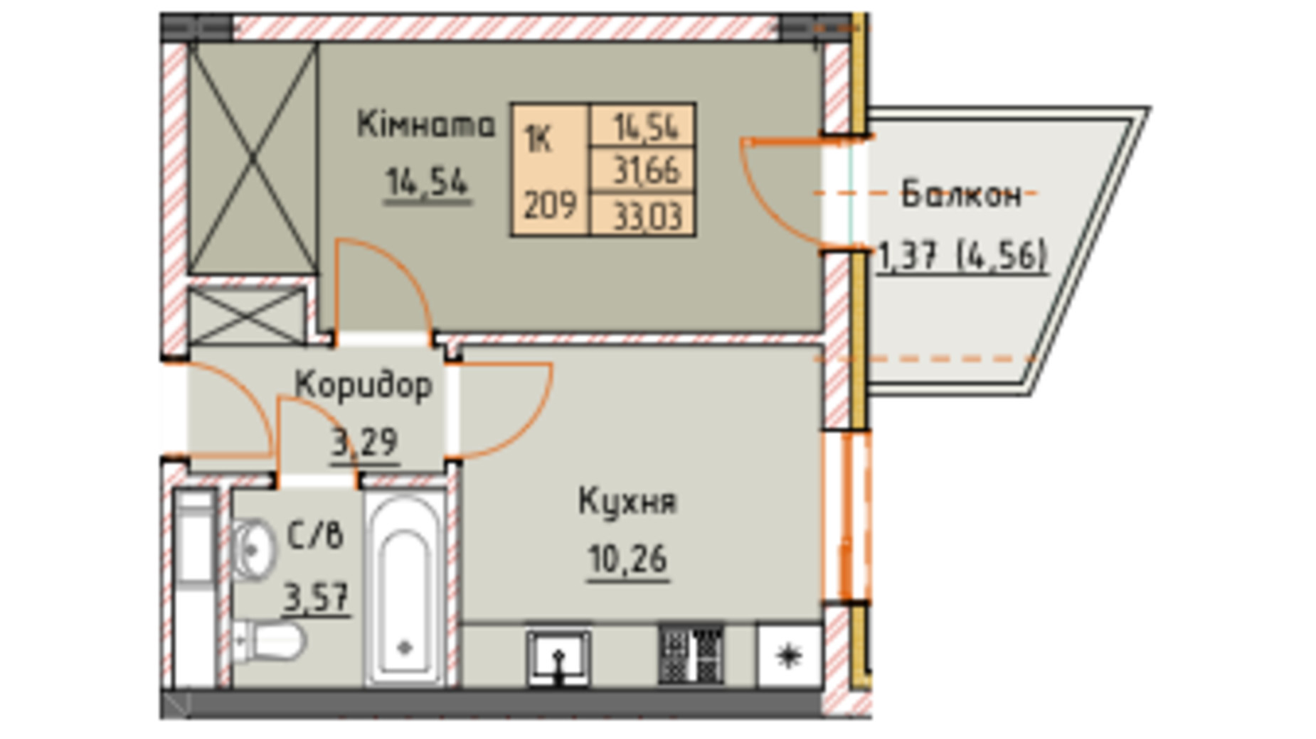 Планировка 1-комнатной квартиры в ЖК Royal Place 33 м², фото 583114