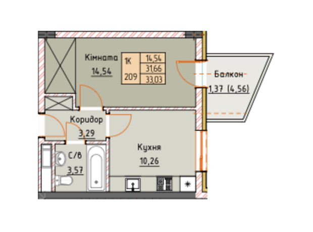 ЖК Royal Place: планировка 1-комнатной квартиры 33 м²