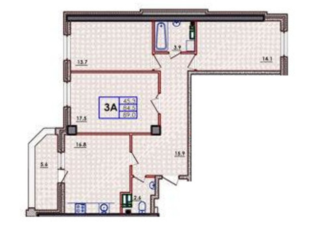 ЖК Волна: планировка 3-комнатной квартиры 89 м²