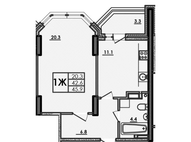ЖК Волна: планування 1-кімнатної квартири 45 м²