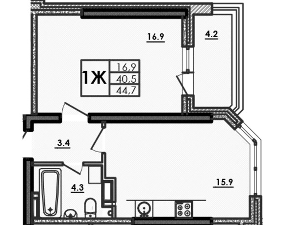 ЖК Волна: планировка 1-комнатной квартиры 44.7 м²