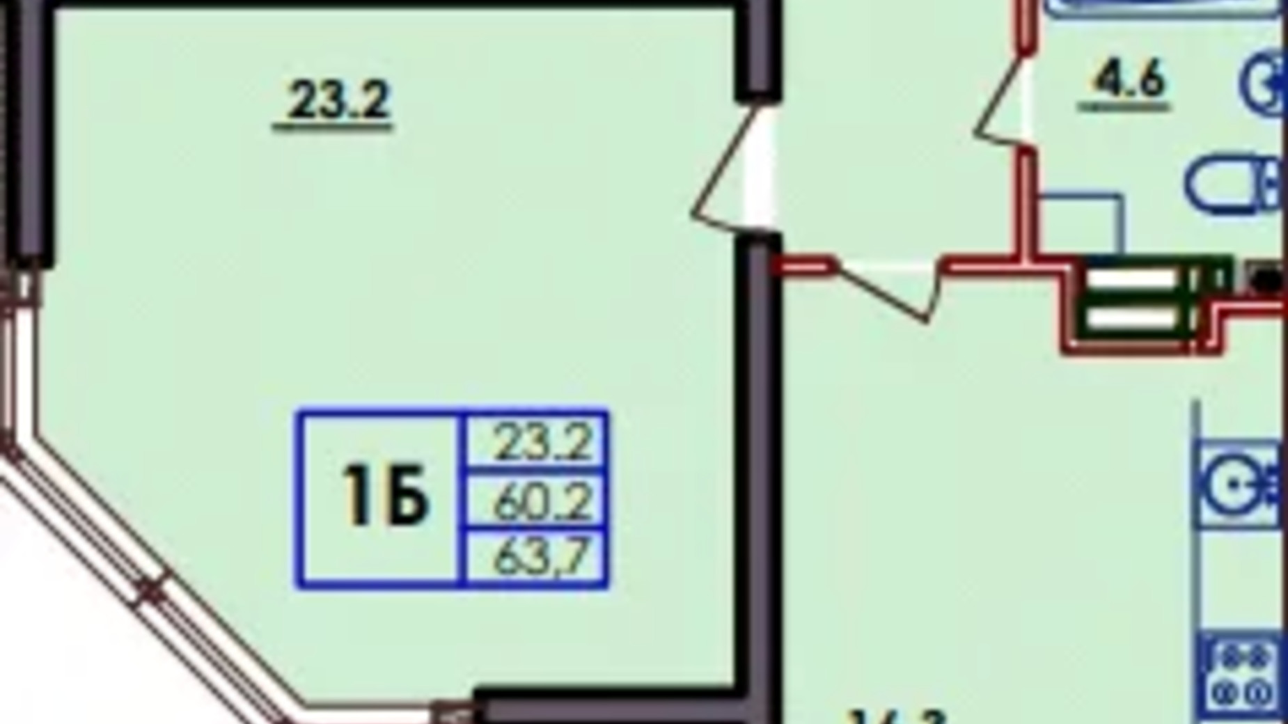 Планировка 1-комнатной квартиры в ЖК Волна 64 м², фото 583205