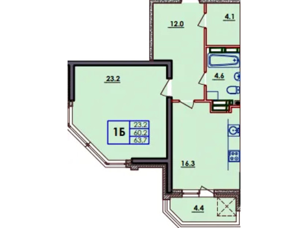 ЖК Волна: планировка 1-комнатной квартиры 64 м²