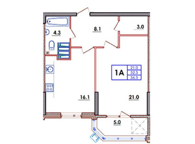 ЖК Волна: планировка 1-комнатной квартиры 55 м²