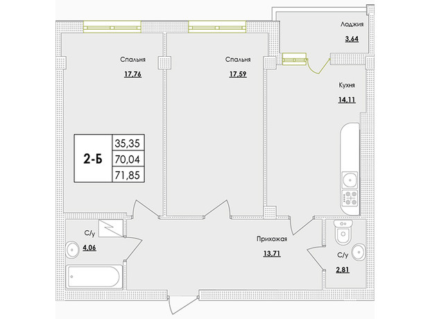 ЖК Парк Совиньон: планировка 2-комнатной квартиры 73.45 м²