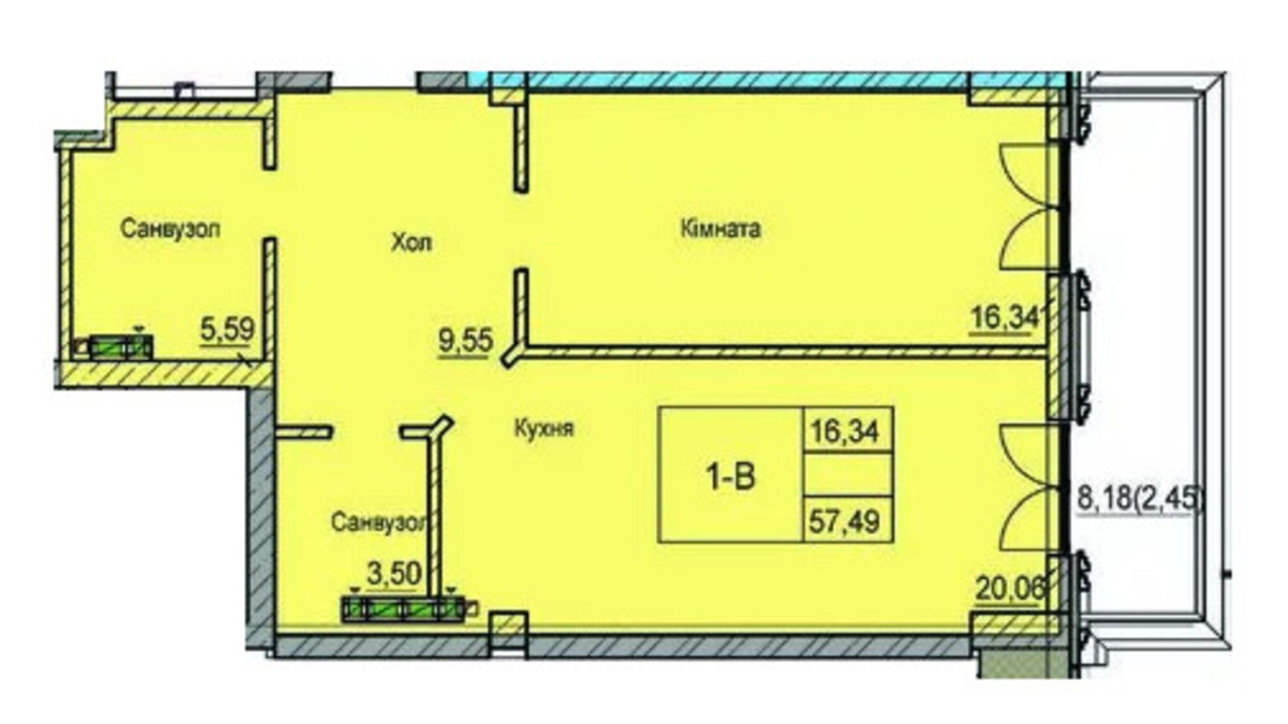 Планування 1-кімнатної квартири в ЖК Лідерсівський 57.49 м², фото 583707