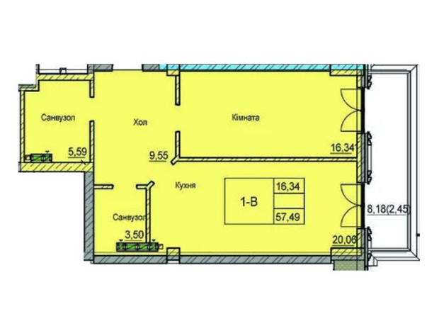 ЖК Лідерсівський: планування 1-кімнатної квартири 57.49 м²